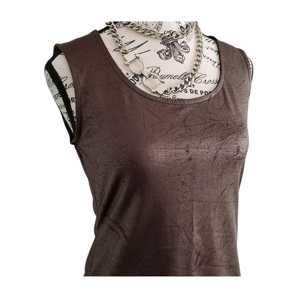 Michel Antoni Brown Distressed Wet Look Fitted Sleeveless Tank Top - Picture 3 of 5